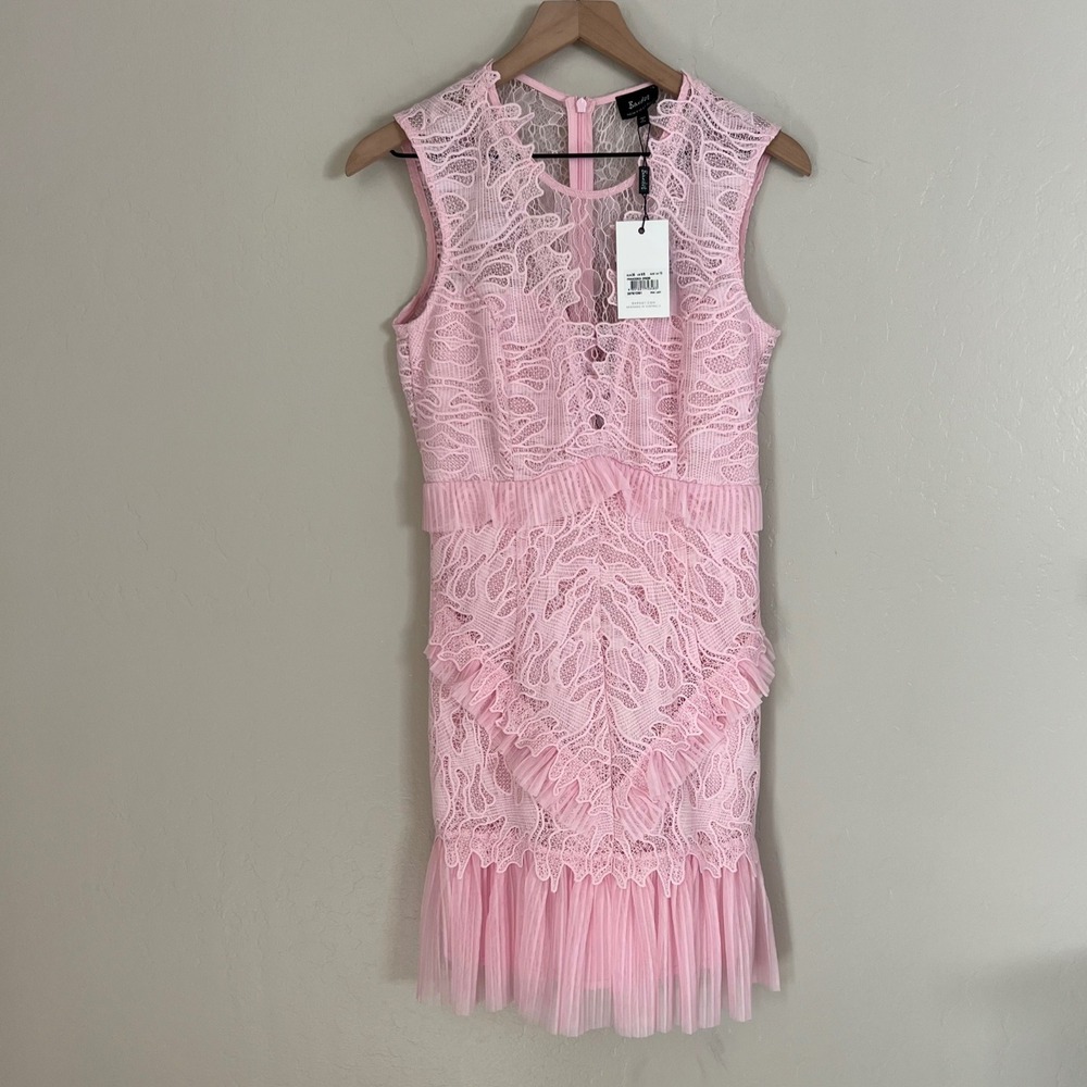 Bardot Francesca Pink Lady Lace Ruffle Pleated Dress Size 6 Party Cocktail - Picture 2 of 9